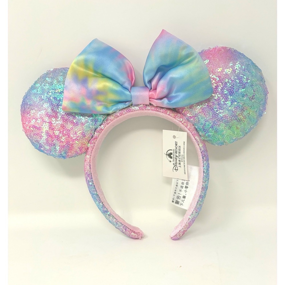 Disney Parks Minnie Mouse Ear Headband Pastel Tie-Dye Sequin Satin Bow NWT